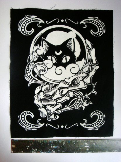 Crystal Ball with Black Cat & Skeleton Hand Screen print Sew-on Patch (large ver.)