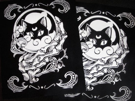 Crystal Ball with Black Cat & Skeleton Hand Screen print Sew-on Patch (large ver.)