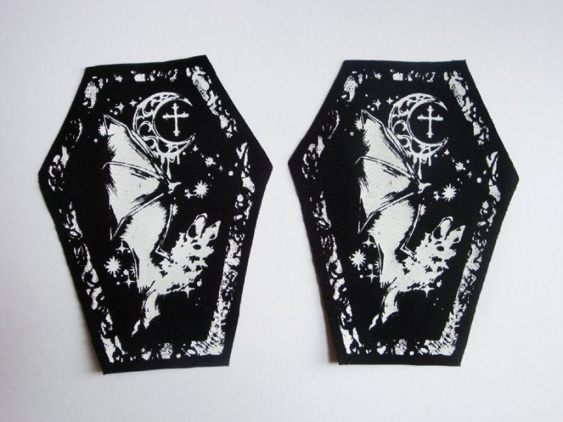 Bat & Moon Lace Coffin Screen print Sew-on Patch