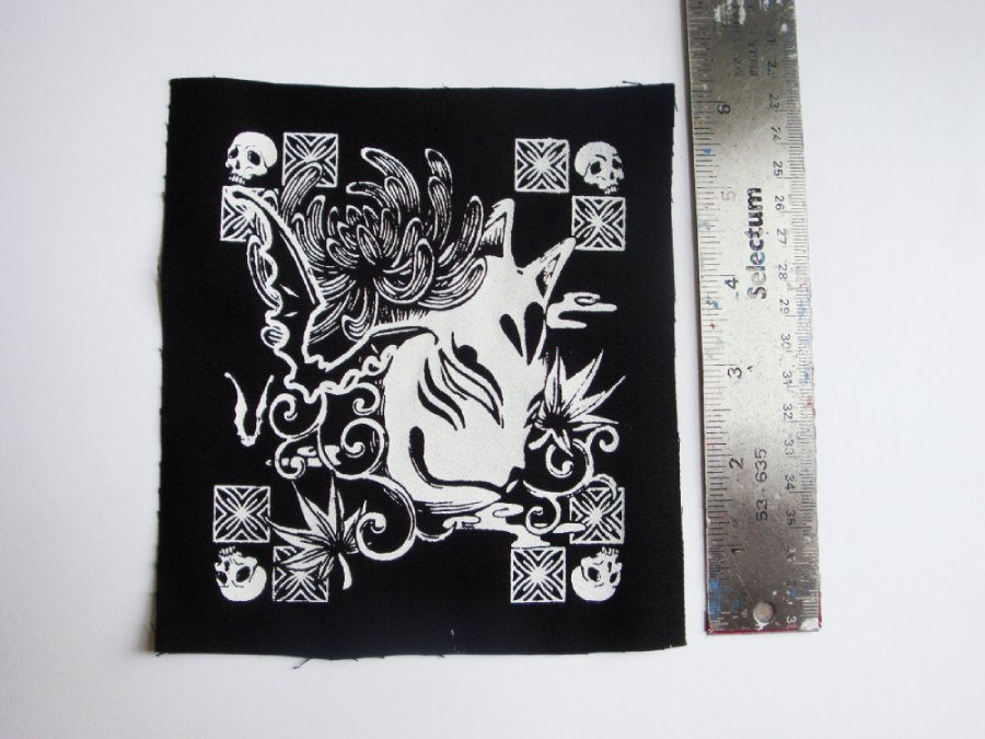 Japanese Fox Mask with Chrysanthemum Screen print Sew-on Patch