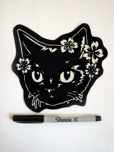 Black Cat & Sakura Cherry Blossoms Screen print Sew-on Patch