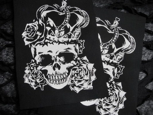 Queen of Hearts Skull with Crown & Roses Screen print Sew-on Patch
