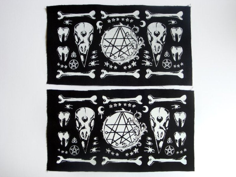 Crow/Raven Skulls & Bones Necronomicon Screen print Sew-on Patch
