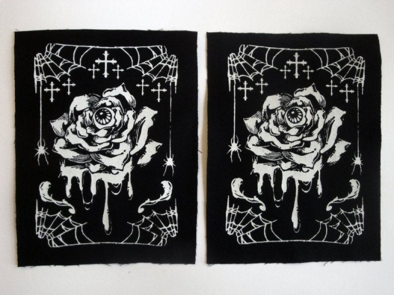 Melting Eye ball Rose with Spider Webs & Crosses Screen print Sew-on Patch