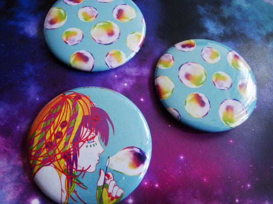 Raver Girl & Rainbow Bubbles Kawaii Button