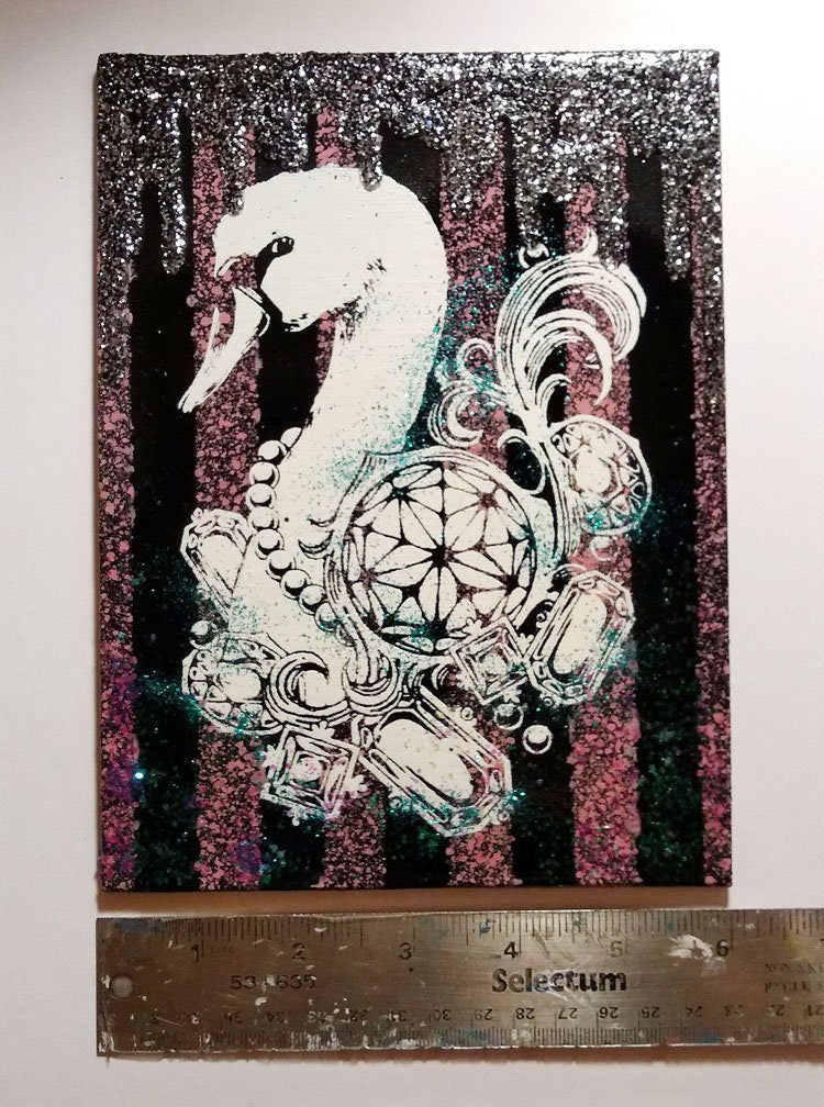 Swan & Diamonds Screen print Canvas Art with Glitter