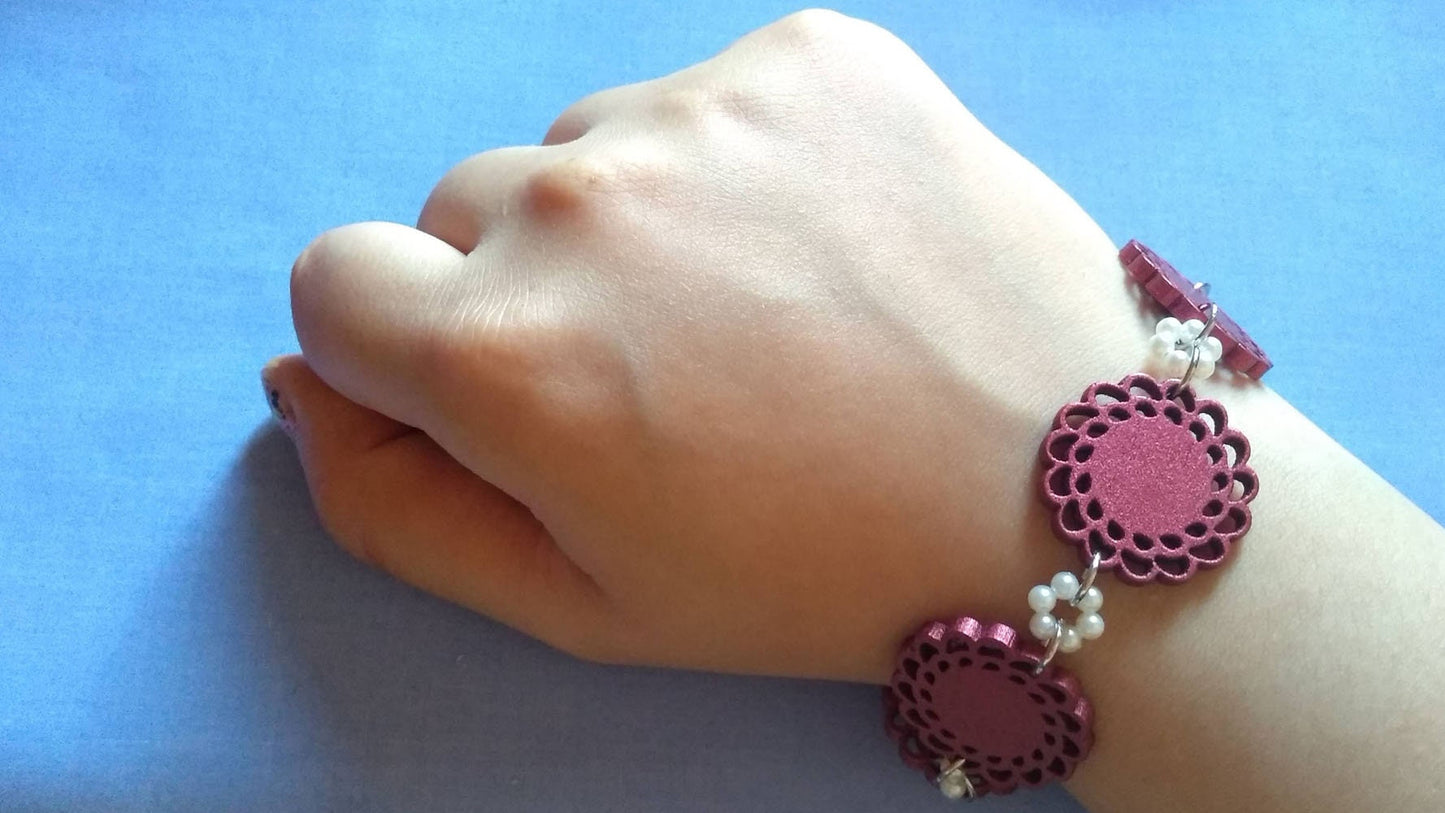 Pink Wooden Flowers & Pearls Bracelet