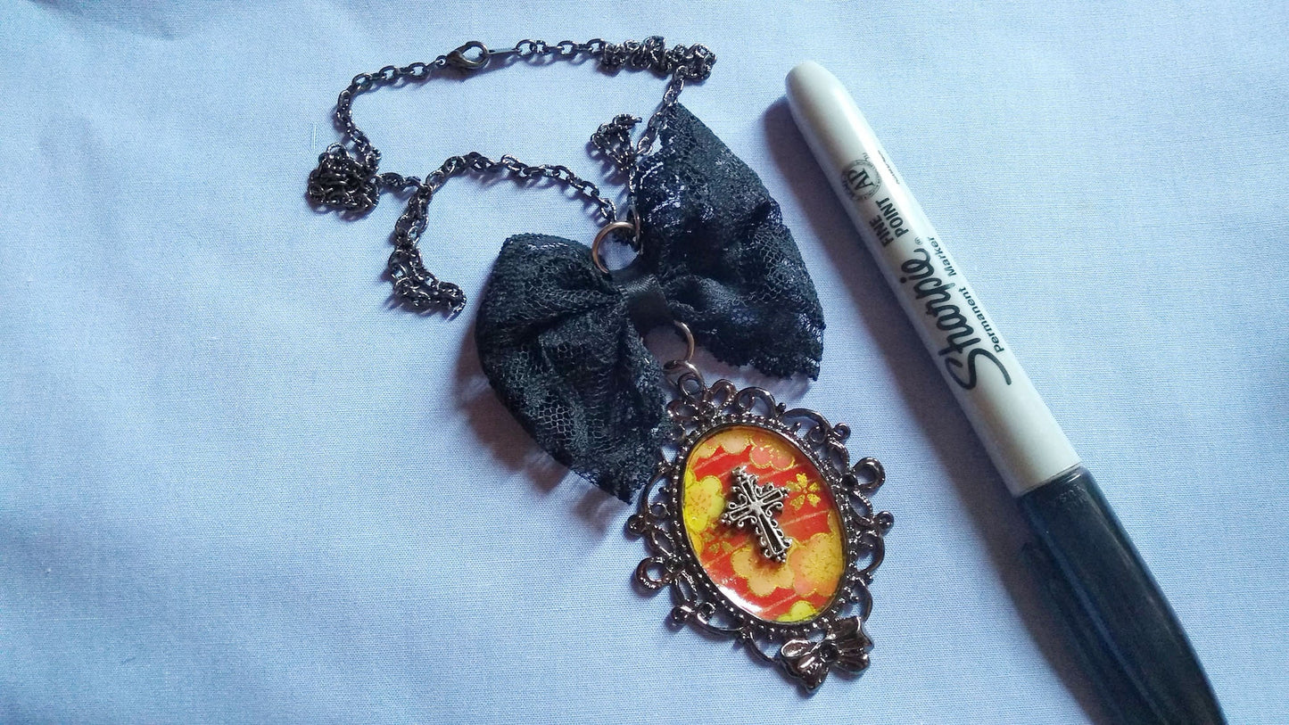Sakura Cherry Blossoms & Cross Necklace with Black Lace Bow