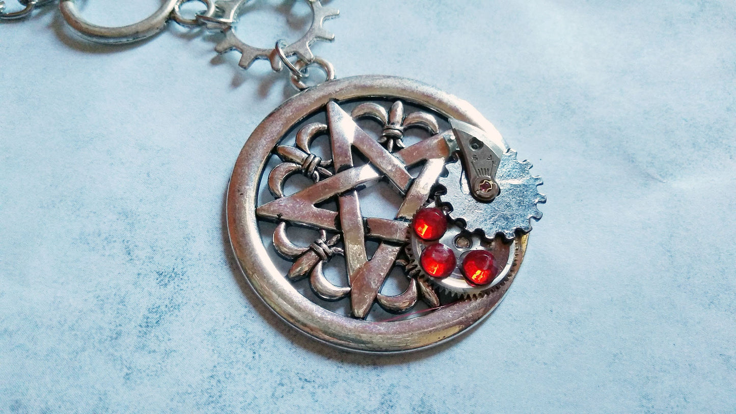 Pentagram Charm Necklace with Gears & Watch Parts