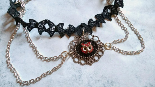 Gothic Lolita Bows Lace Collar with Owl Pendant
