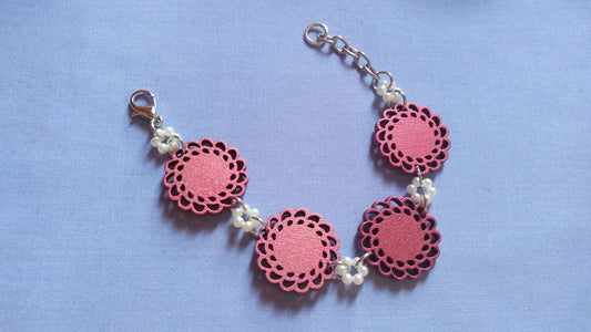 Pink Wooden Flowers & Pearls Bracelet