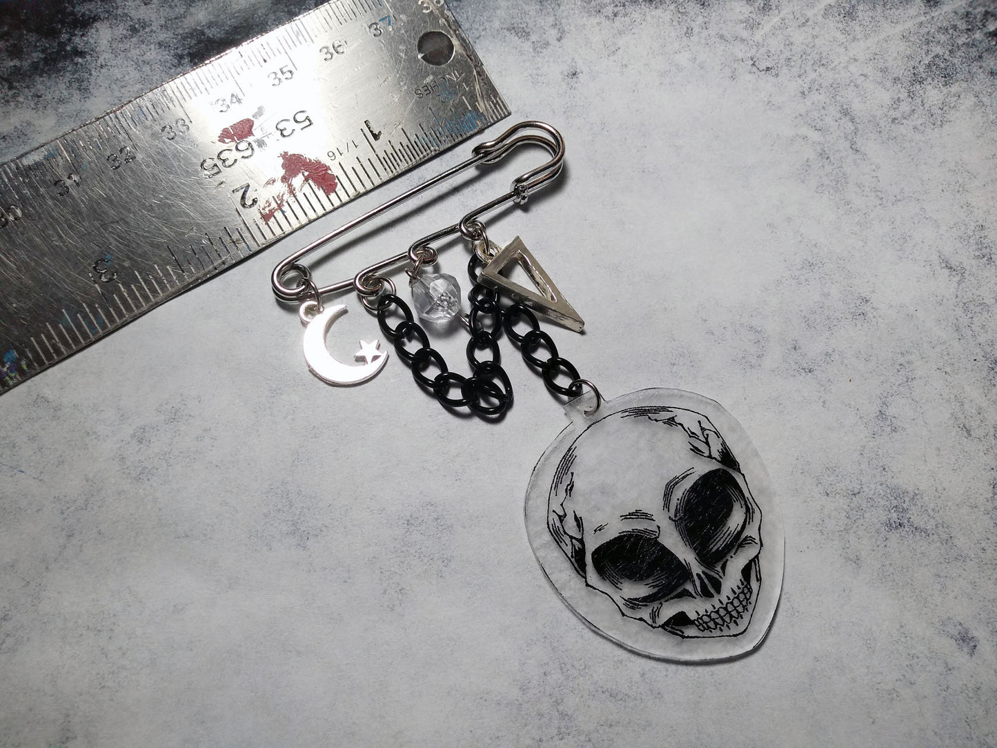 OOAK Little Gray Alien Skull Charms Kilt Safety Pin