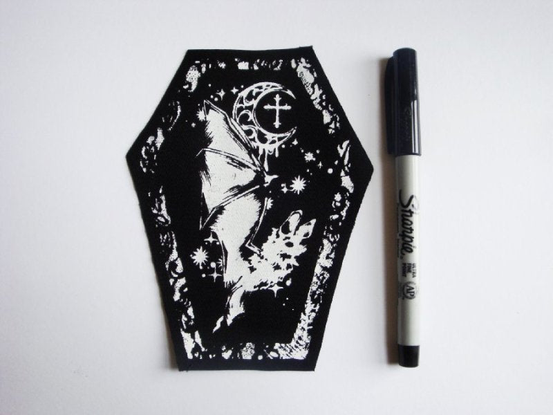 Bat & Moon Lace Coffin Screen print Sew-on Patch