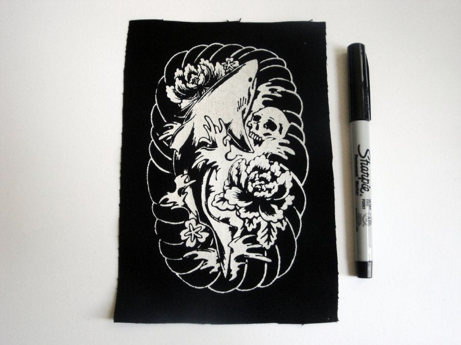 Shark, Chrysanthemums and Skull Screen print Sew-on Patch