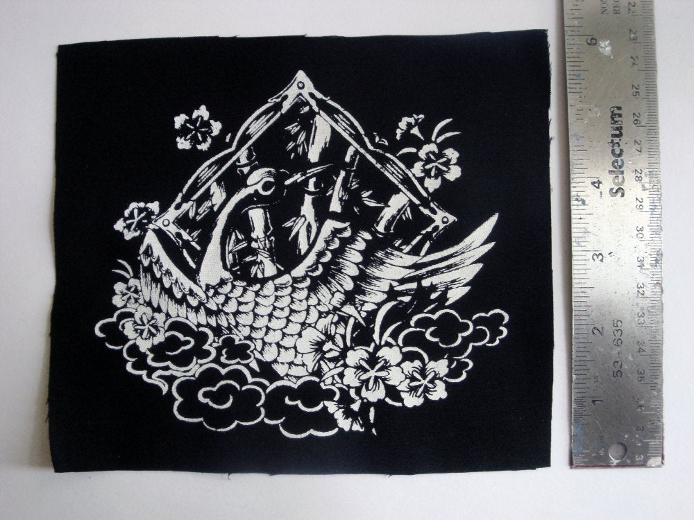 Japanese Crane with Bamboo & Flowers Screen print Sew-on Patch