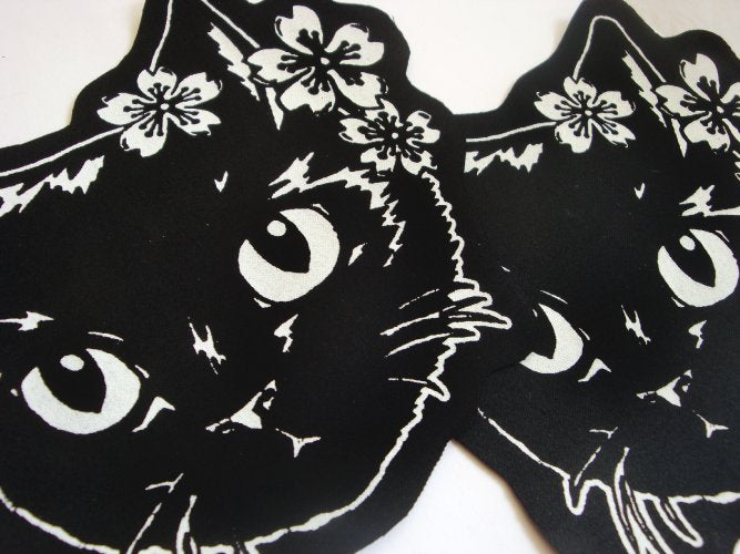 Black Cat & Sakura Cherry Blossoms Screen print Sew-on Patch