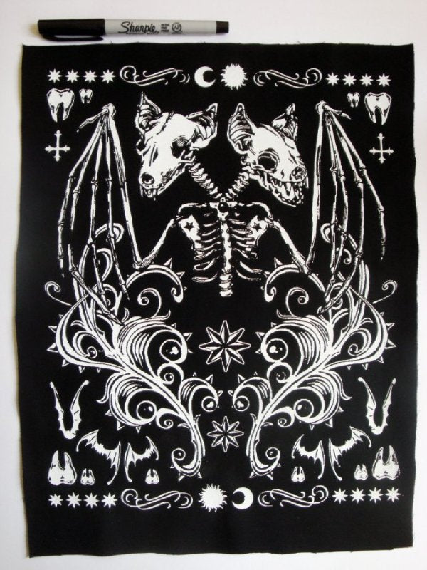 Siamese Bats Skeleton Screen print Sew-on Back Patch