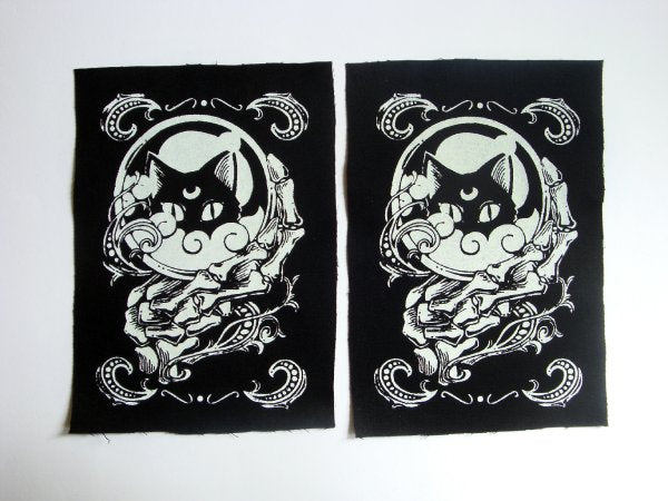 Crystal Ball with Black Cat & Skeleton Hand Screen print Sew-on Patch (small ver.)