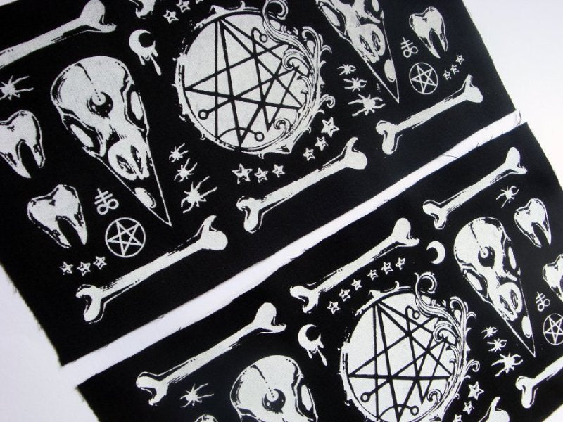 Crow/Raven Skulls & Bones Necronomicon Screen print Sew-on Patch