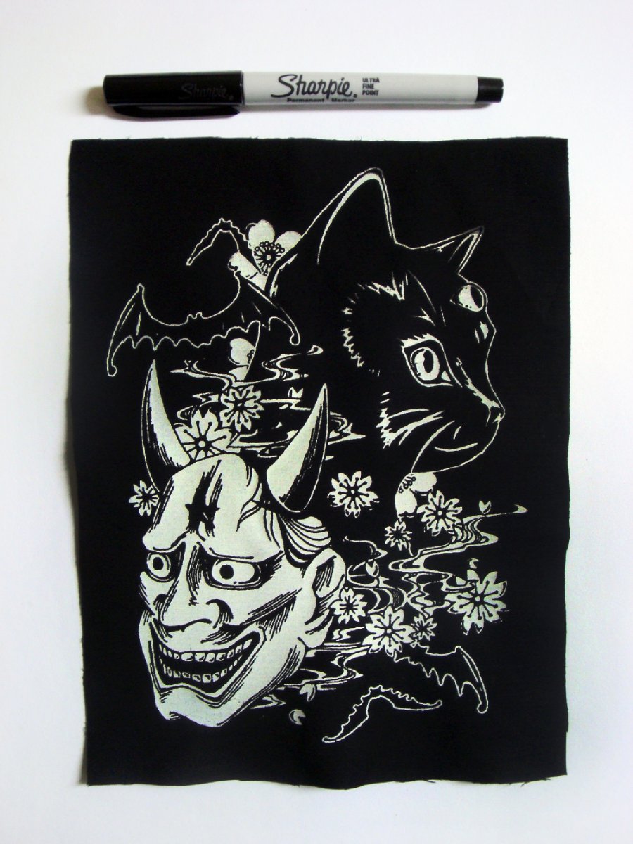 Hannya Mask & Black Cat Screen print Sew-on Patch