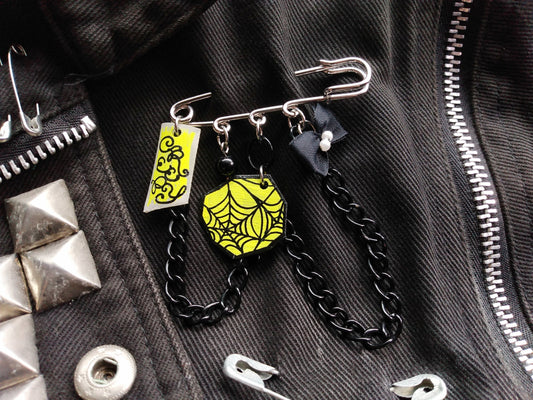 OOAK Black & Yellow Spider webs Charms Kawaii Punk Kilt Safety Pin