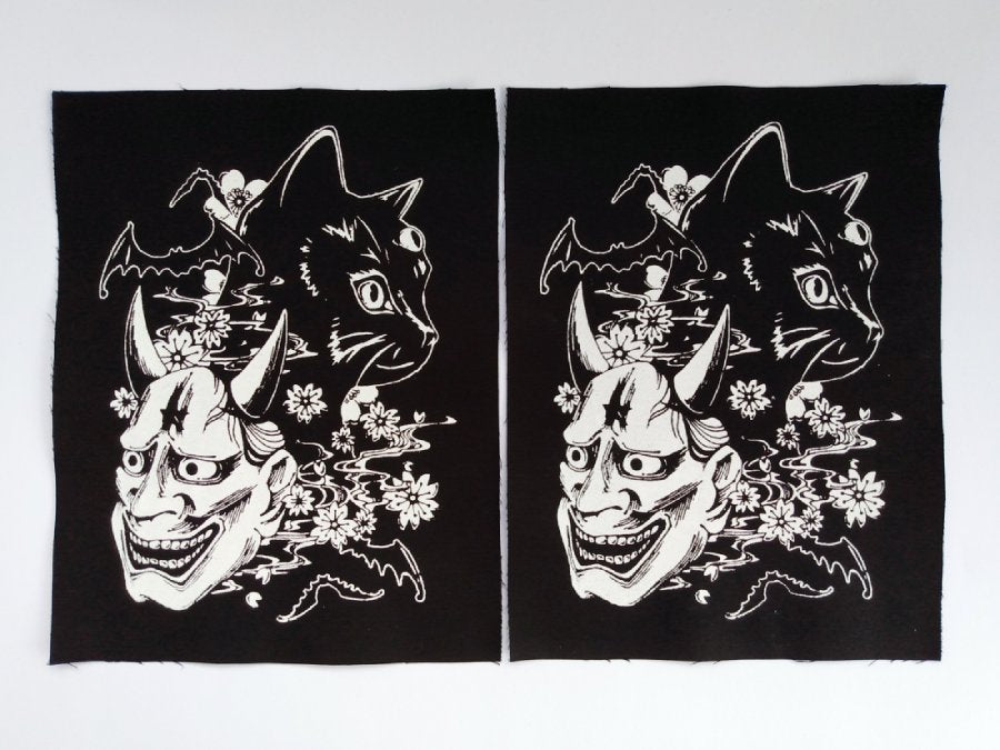 Hannya Mask & Black Cat Screen print Sew-on Patches