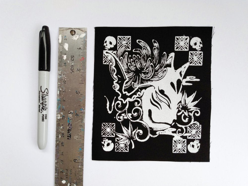 Japanese Fox Mask with Chrysanthemum Screen print Sew-on Patches