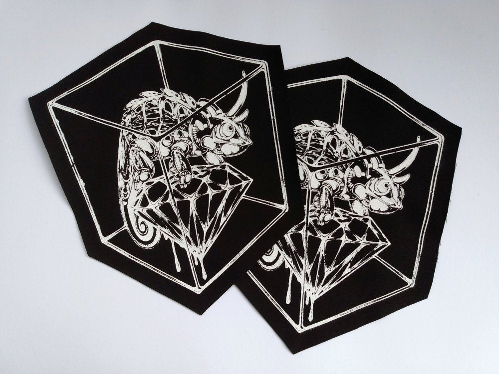 NEW! Mechanical Chameleon on Crystal Screen print Sew-on Patches