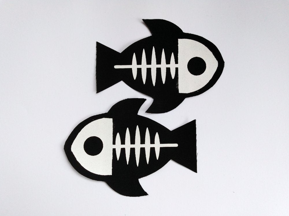 NEW! Kawaii Skeleton Fish Screen print Sew-on Patches