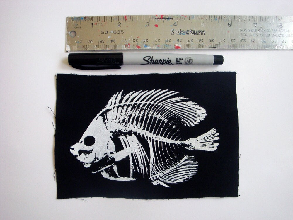 Skeleton Fish Screen print Sew-on Patch