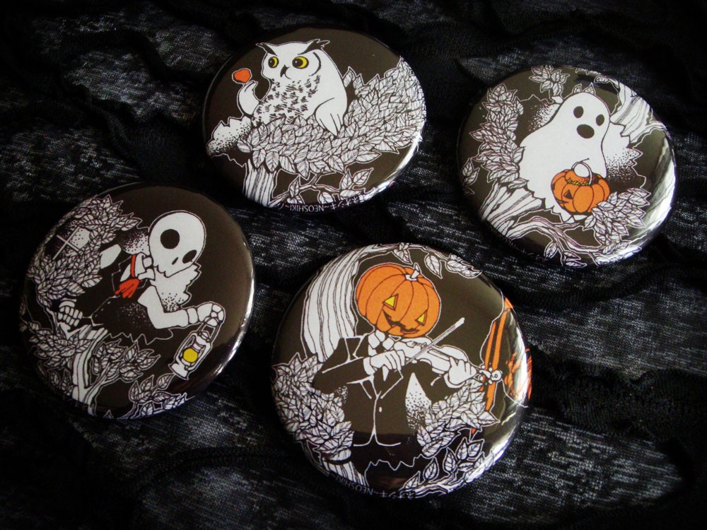 Jack-o-Lantern, Ghost, Skeleton & Owl Halloween Buttons