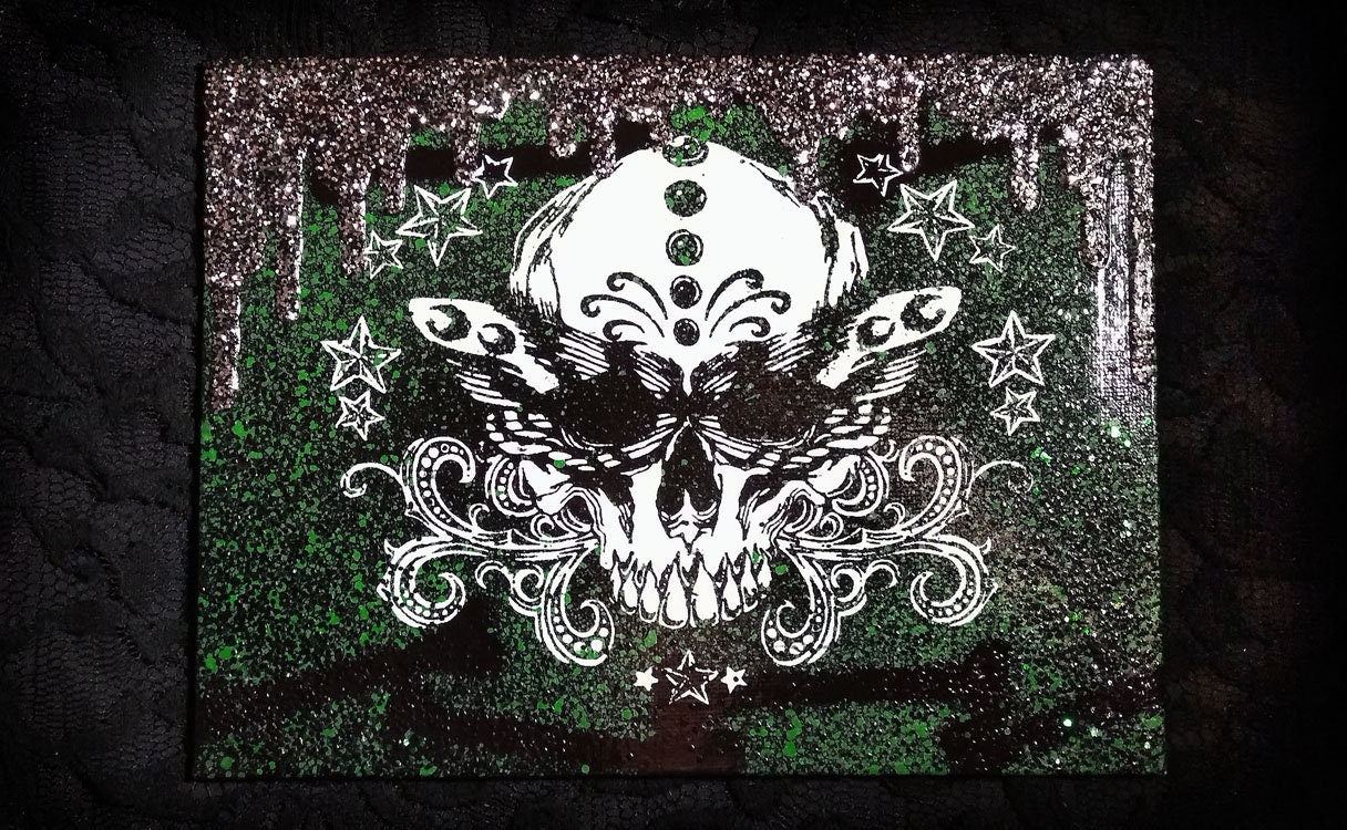 Skull with Moth Wings Screen print Canvas Art with glitter