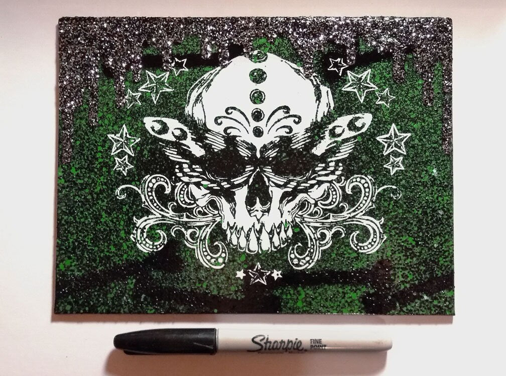 Skull with Moth Wings Screen print Canvas Art with glitter