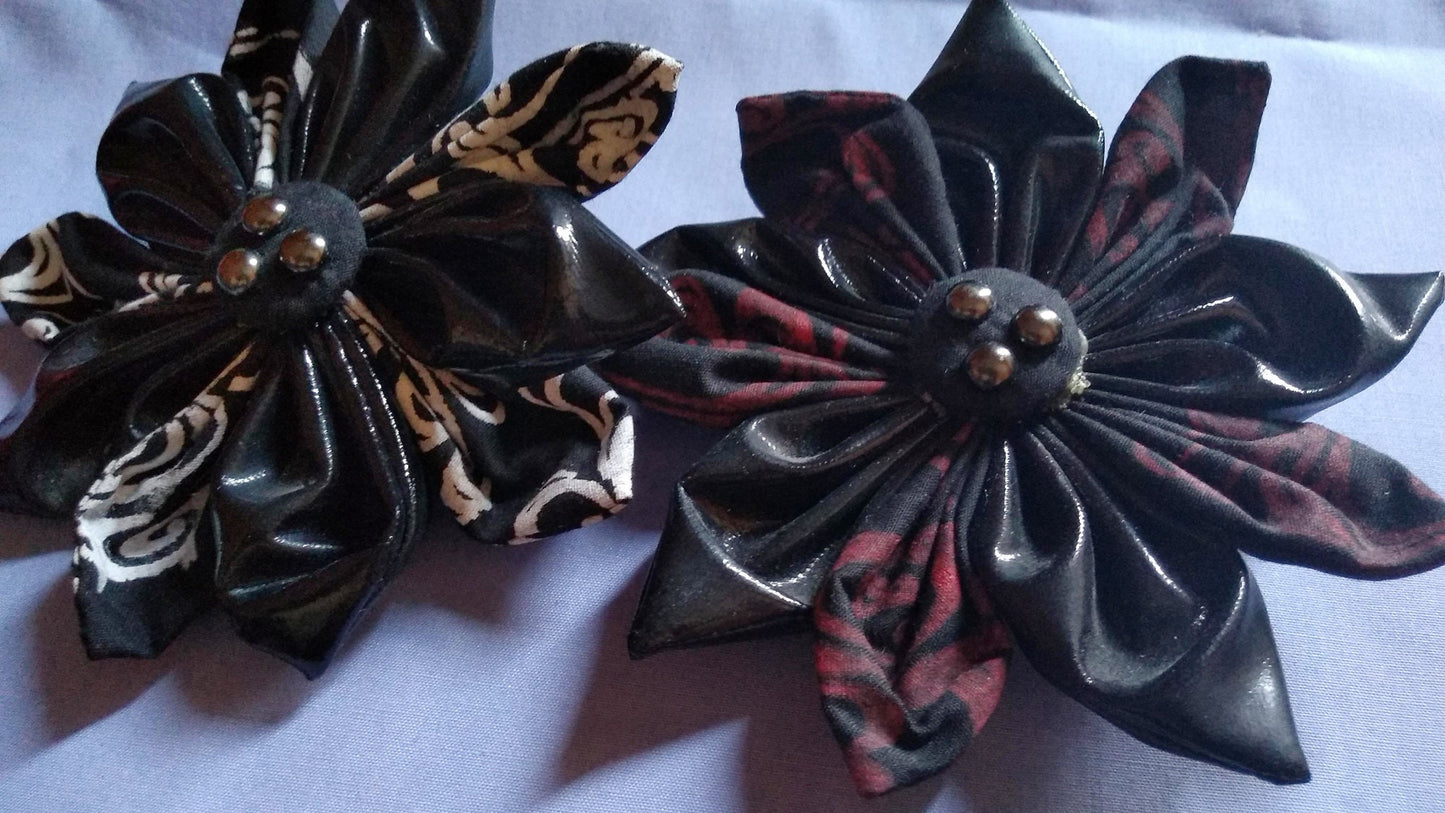 LAST ONE! Japanese Flower Hair Clips with Waves pattern and PVC - Asian Industrial Goth
