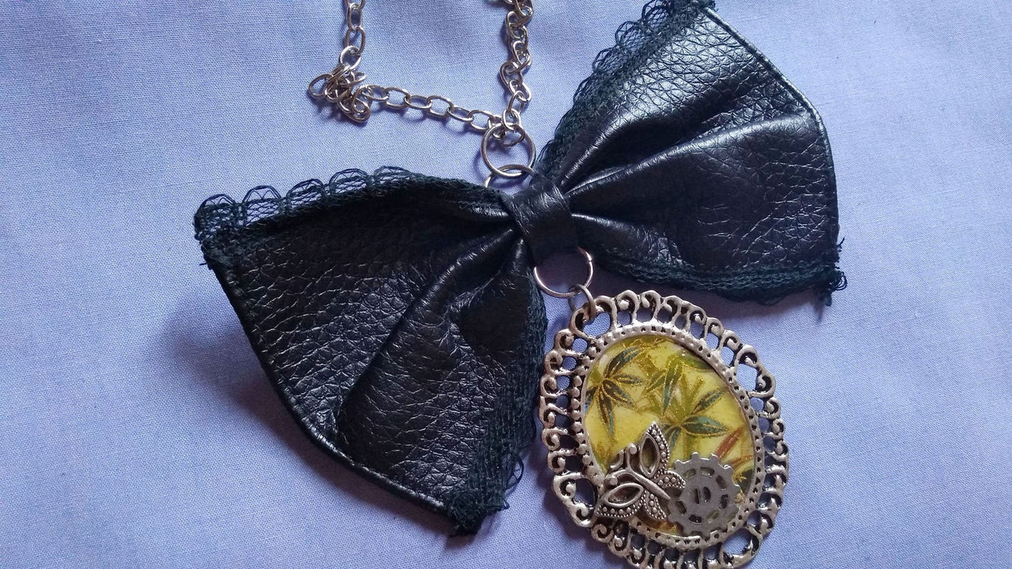 Japanese Bamboo & Gears Cameo with Pleather Bow Necklace