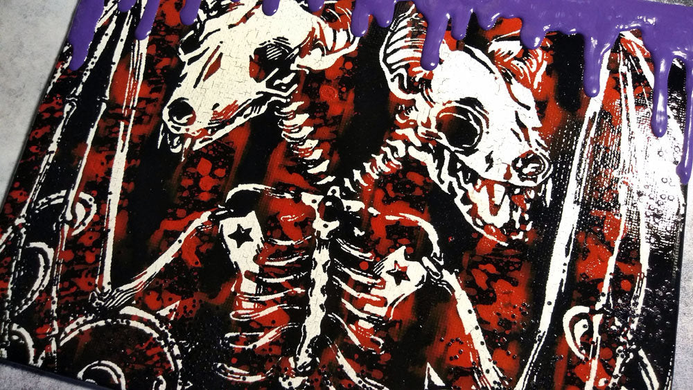 Siamese Bats Skeleton Screen print Canvas Art with glitter