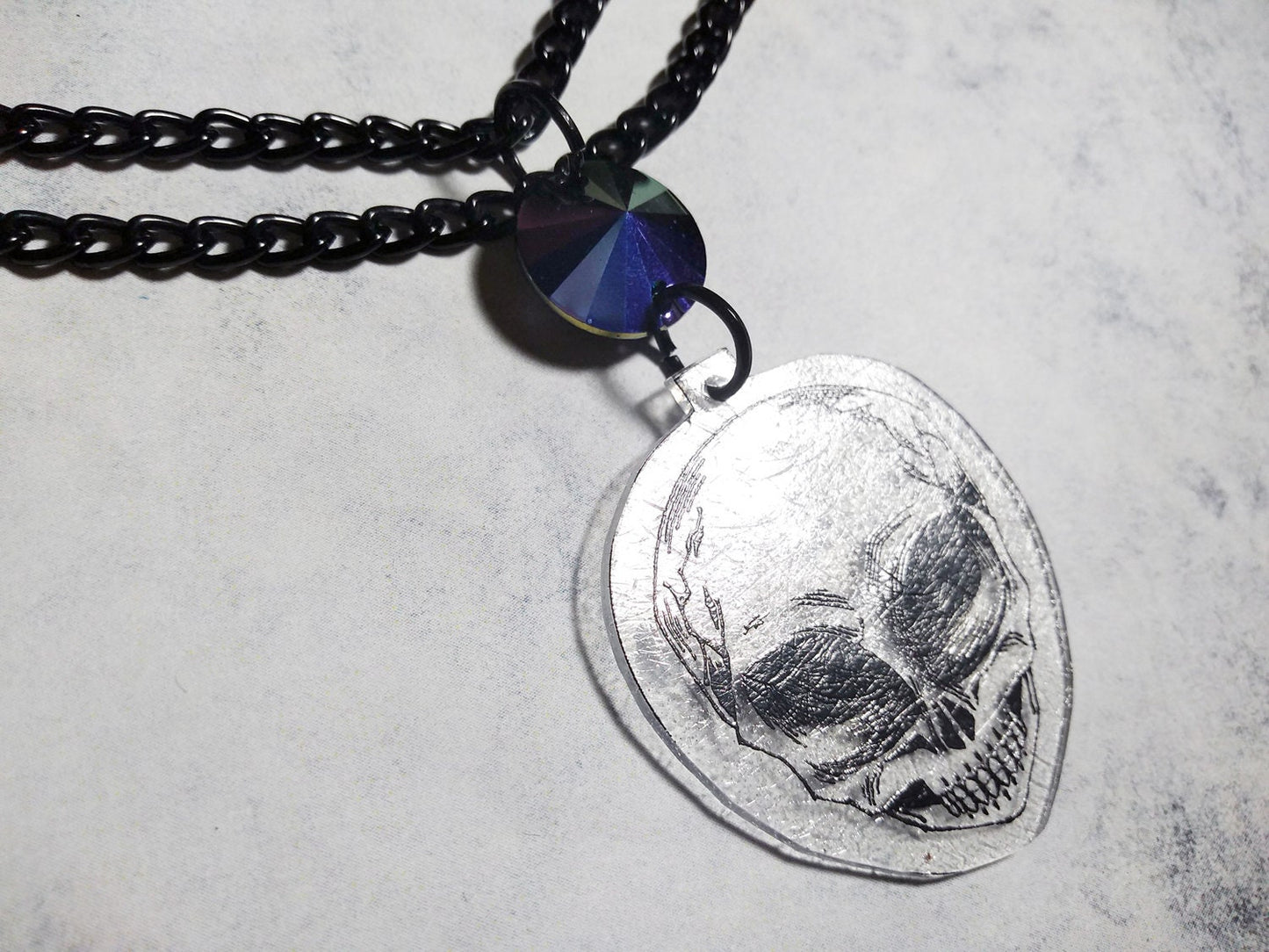 OOAK Little Gray Alien Skull Acrylic Charm Necklace
