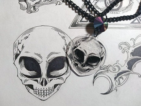 OOAK Little Gray Alien Skull Acrylic Charm Necklace