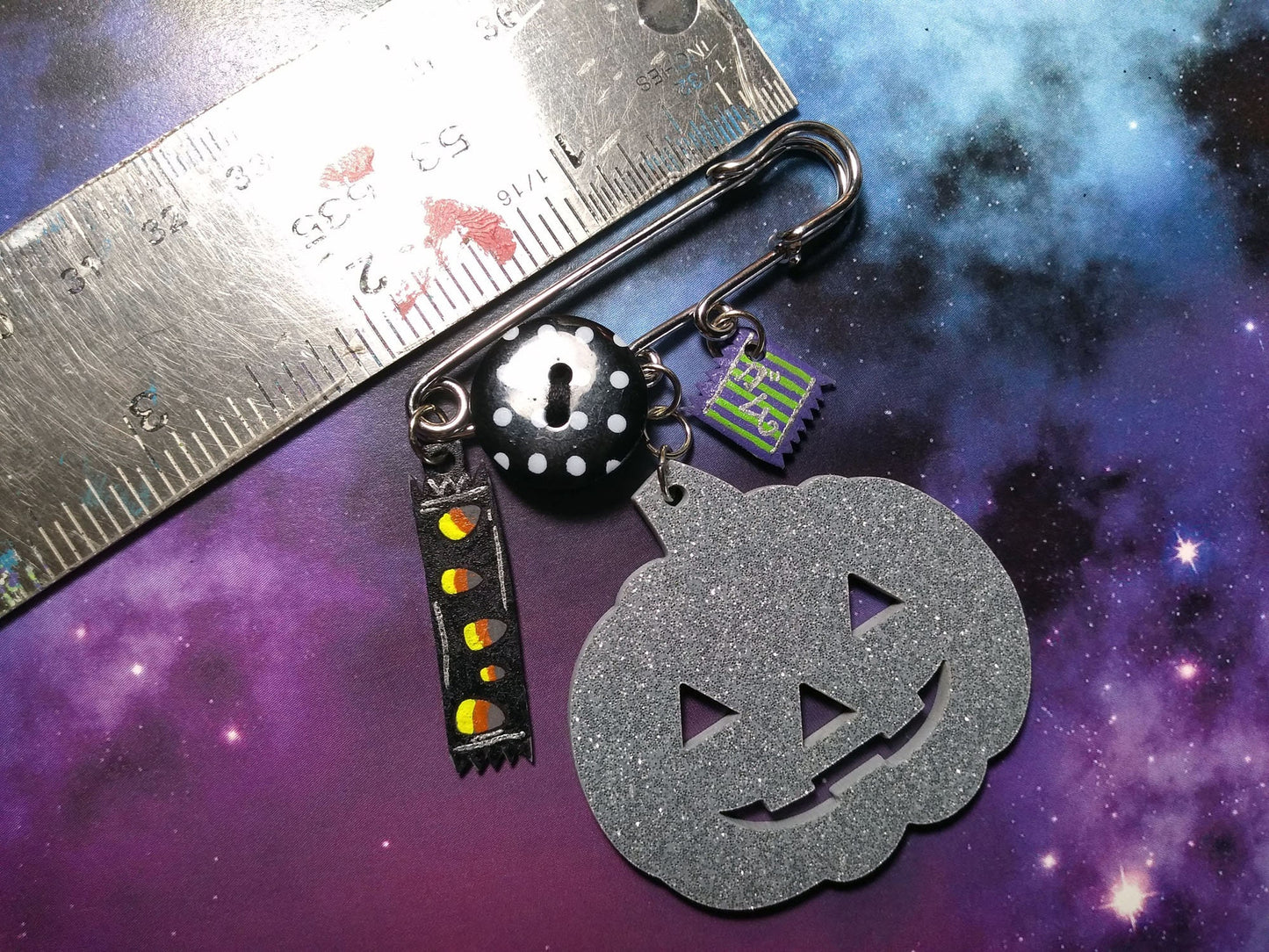 OOAK Jack-o-Lantern & Candy Charms Kawaii Kilt Safety Pin