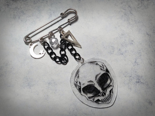 OOAK Little Gray Alien Skull Charms Kilt Safety Pin