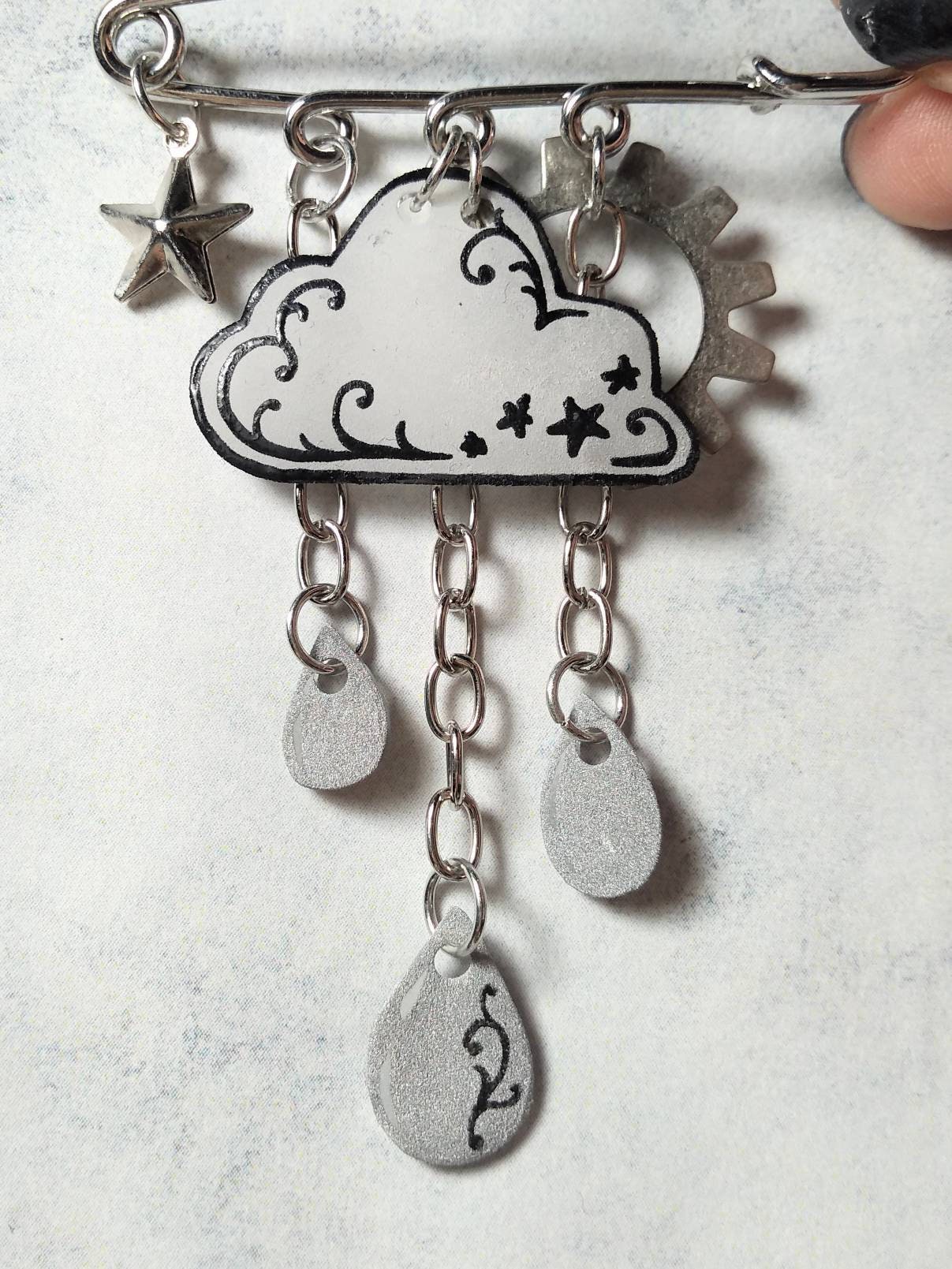 OOAK Cloud & Raindrops Steampunk Kilt Safety Pin