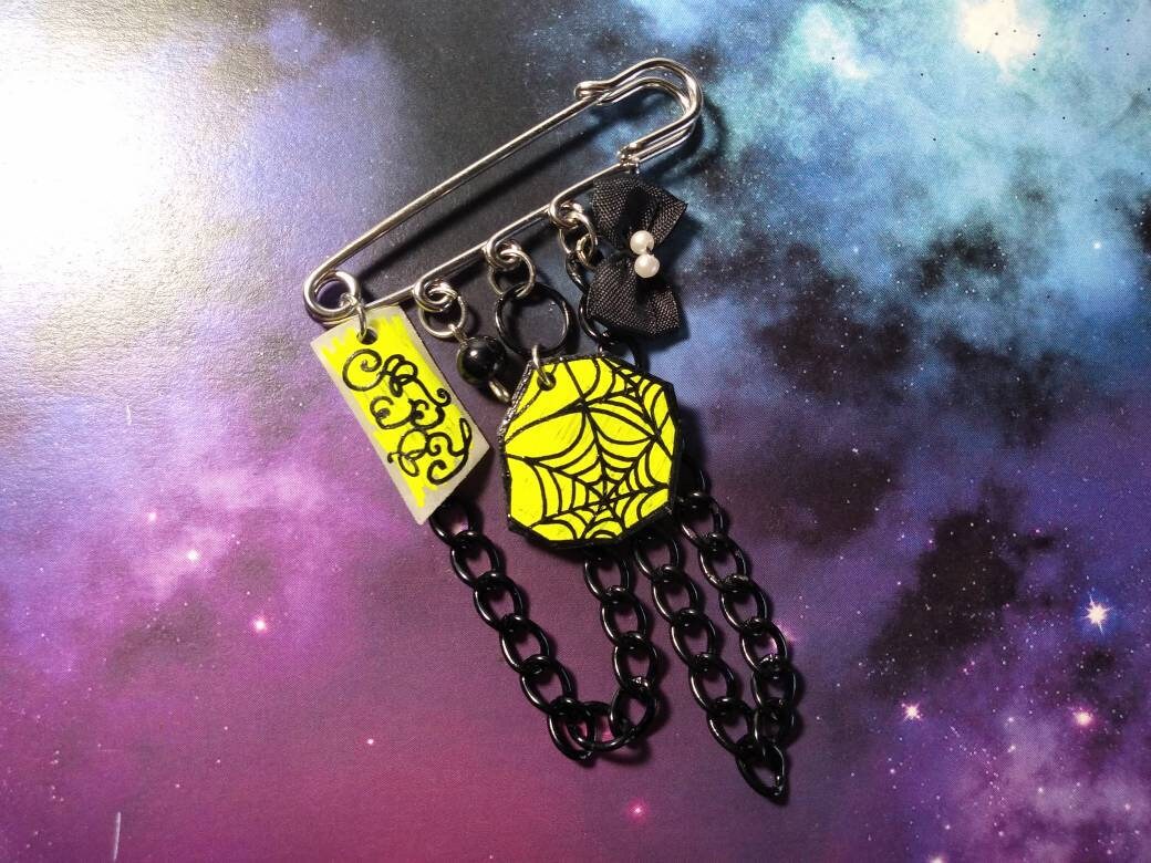 OOAK Black & Yellow Spider webs Charms Kawaii Punk Kilt Safety Pin