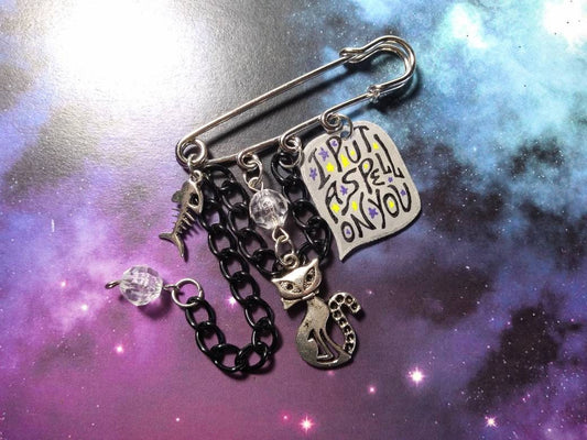 OOAK Witch Cat "I Put a Spell on You" Halloween Punk Kilt Safety Pin