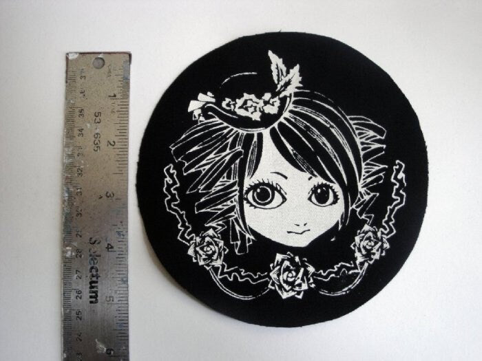 Victorian Goth Girl with Roses Screen print Sew-on Patch