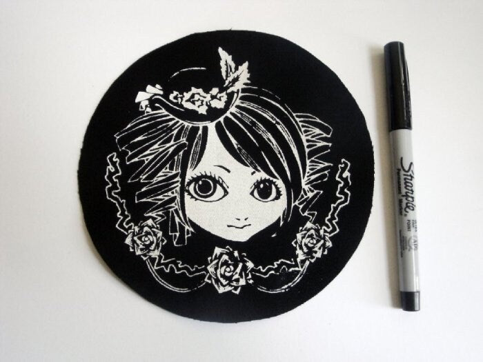 Victorian Goth Girl with Roses Screen print Sew-on Patch