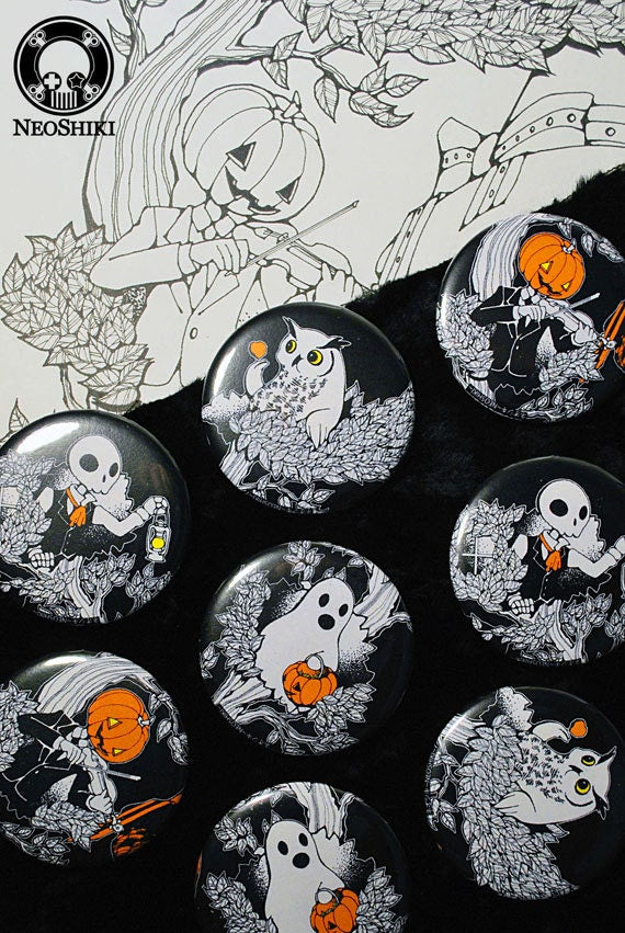 Jack-o-Lantern, Ghost, Skeleton & Owl Halloween Buttons