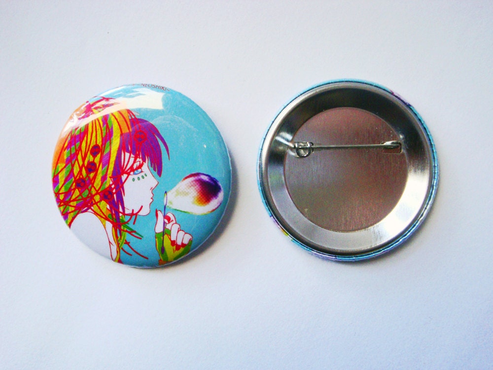 Raver Girl & Rainbow Bubbles Kawaii Button